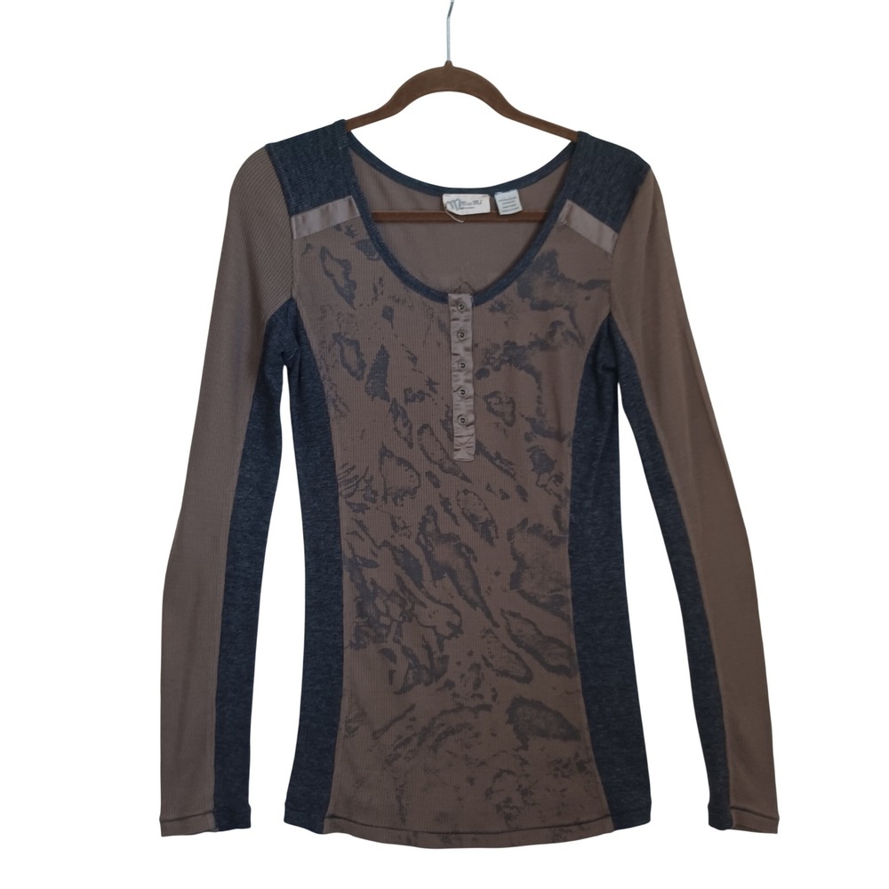 Miss Me Womens Brown Charcoal Henley Sequin Fleur De Lis Top Size Large